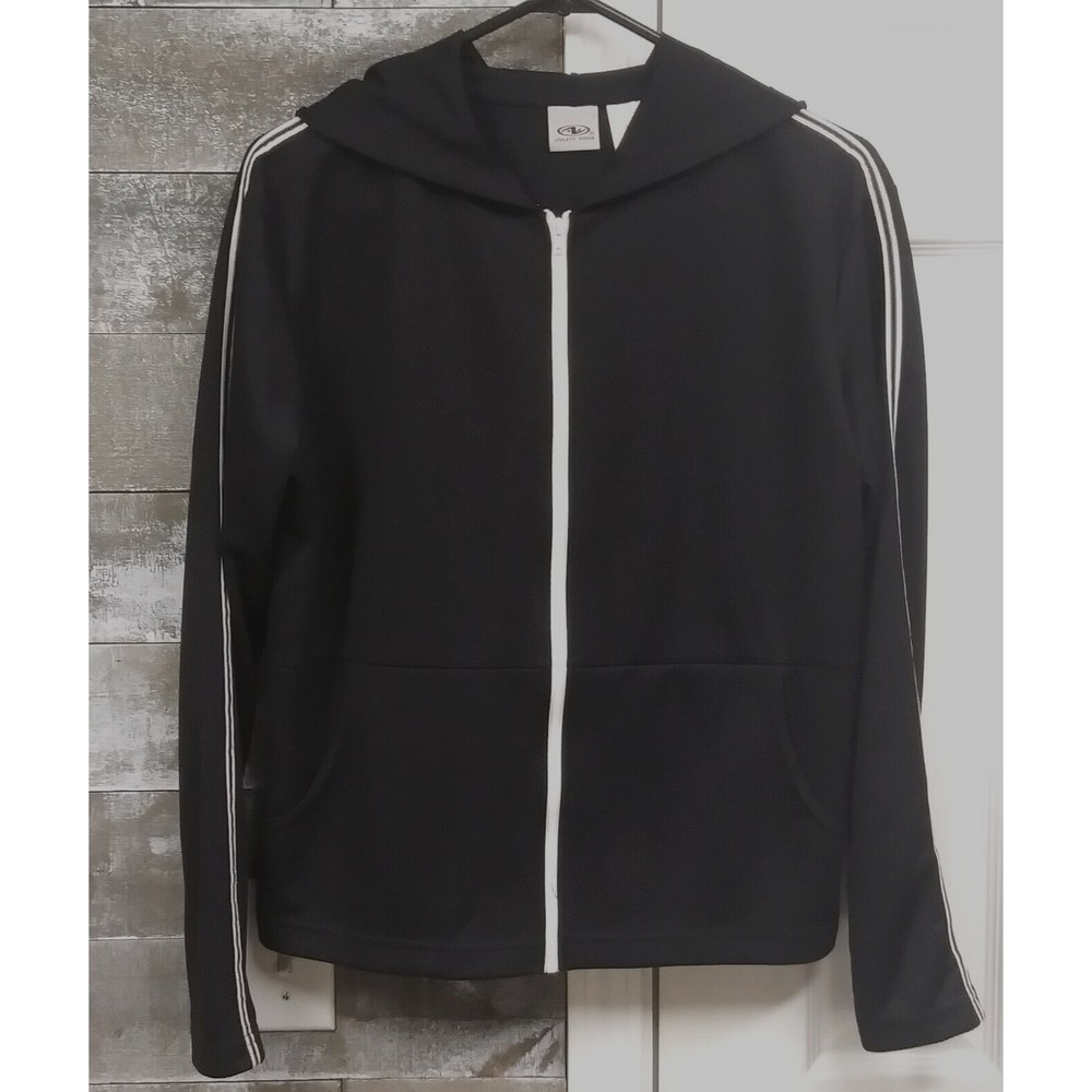 Athletic Works Hoodie Jacket Black White Stripe Zip Closure Womans Missy M 8-10